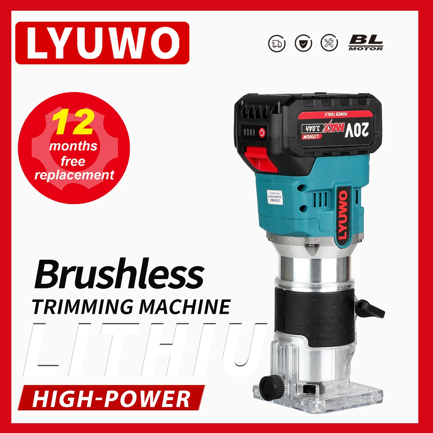 LYUWO electric tool original cordless trimming machine rechargeable brushless slotting tool milling woodworking carving machine
