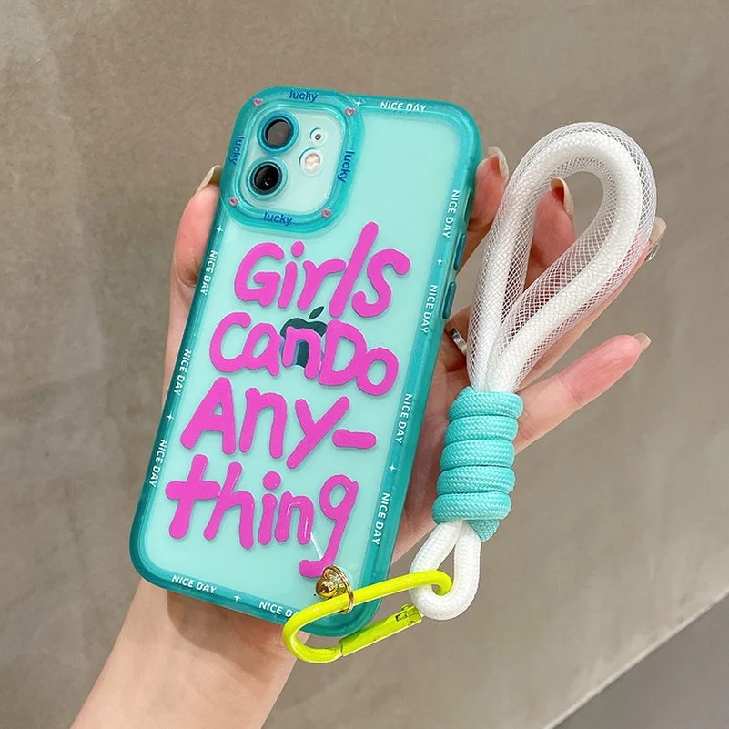 Cute Fluorescent Letters Phone Case For iPhone 13 Pro Max 11 12 14 Pro Xs Max Xr X 7 8 Plus Hand Strap Short Rope Soft TPU Cover 3