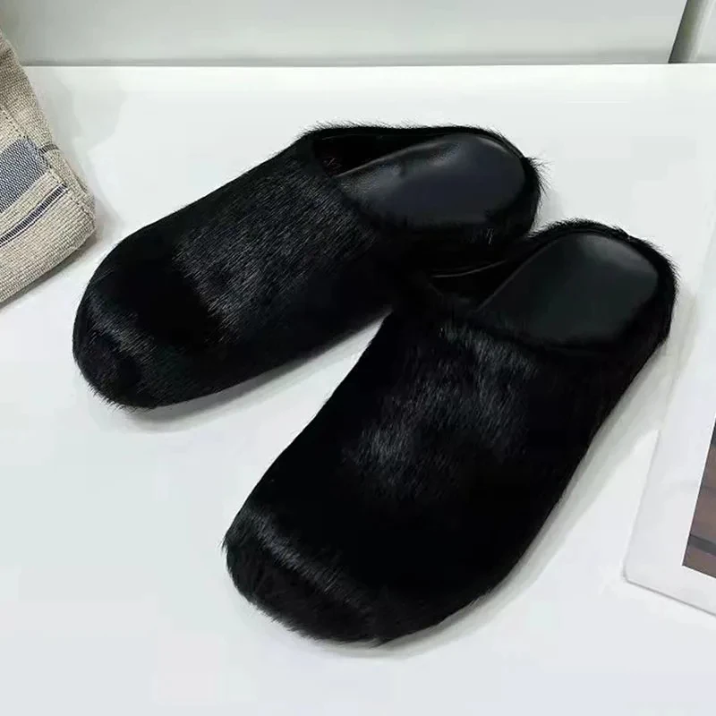 

Horsehair Slippers Women Round Toe Furry Mules Shoes Woman Fashion Comfort Flat Slides Woman Wool Winter Shoes Women Slippers