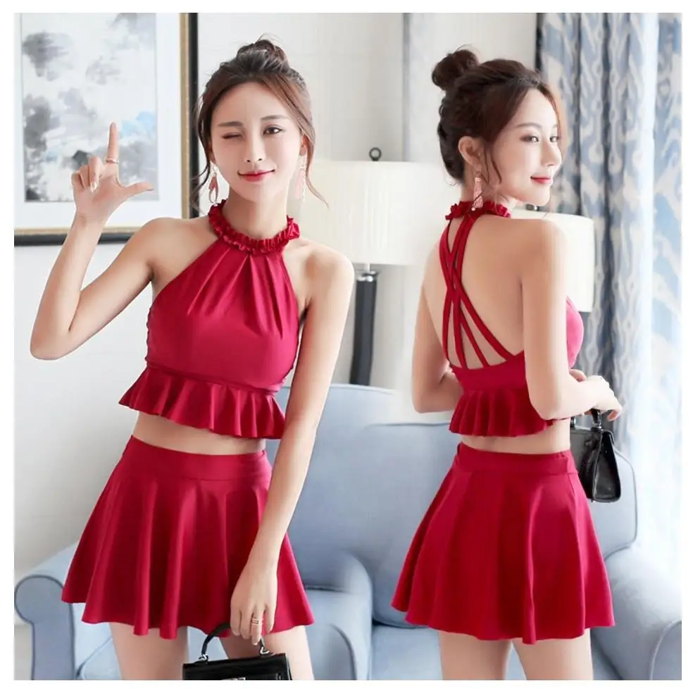 

High quality hot spring small fragrance conservative belly covering small chest gathered skirt style hot spring swimsuit