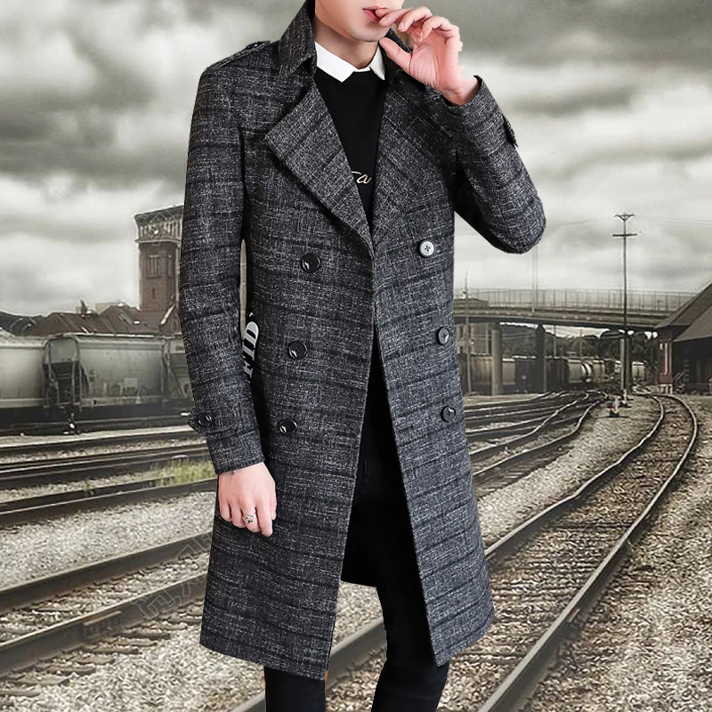 Mens Jacket Trench Long Coat Casual Fashion Double Breast Coat