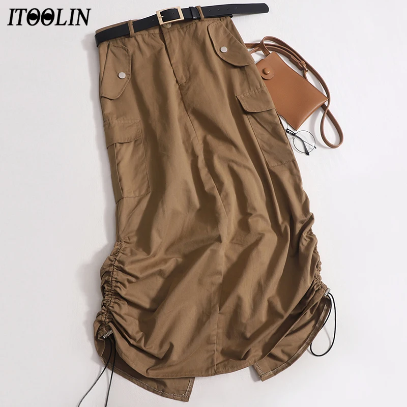 

Женские винтажные юбки ITOOLIN с завышенной талией, летняя юбка-трапеция с разрезом и карманами, повседневная юбка для женщин, юбка средней длины