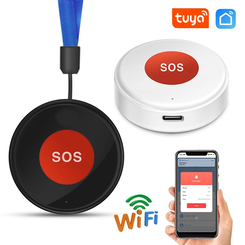 Tuya Smart WiFi Sos Panic Button for Elderly Pregnant Women/Children with Built-In Battery USB Charging APP Alart Notification medical alert button emergency alarm button