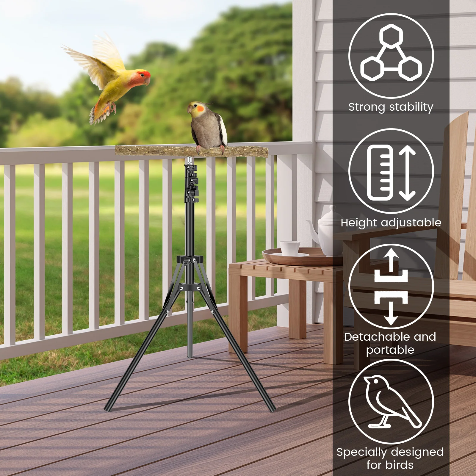 Wood Bird Training Perch Stand Height Adjustable Bird Perch Toys Indoor Outdoor Versatile Bird Parrot Play Training Station Pole