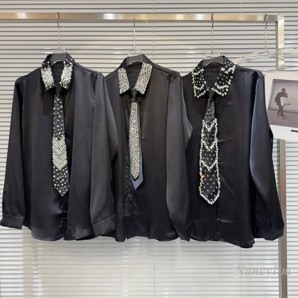 

2024 Spring New Heavy Industry Pearl Beaded Tie Long Sleeve Black Shirts for Women Elegant Studded Blouse Blusa Femme Button Top