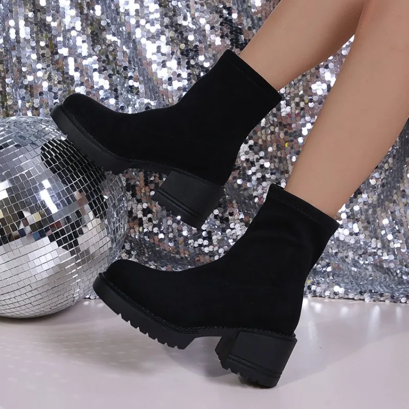 Women's Suede Platform Ankle Boots Round Toe Block Heel Casual_voghion.com