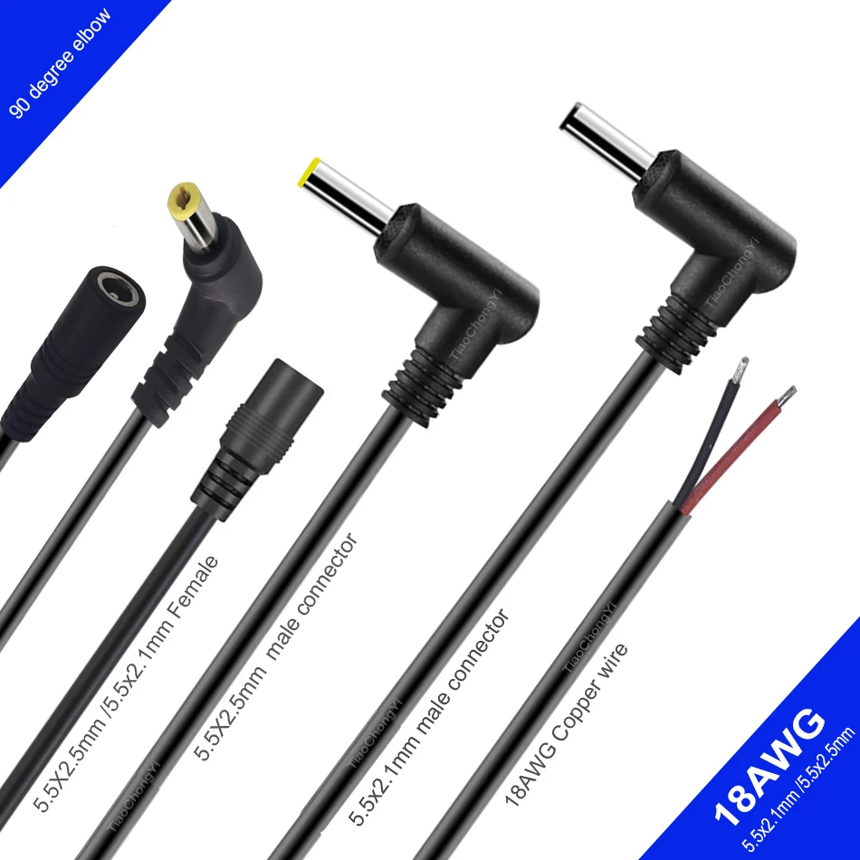 90 Degree Right Angle DC Power Connector 5.5x2.5mm/2.1mm Male Female Plug Jack Adapter - 18AWG Wire 30cm for LED Power Supply