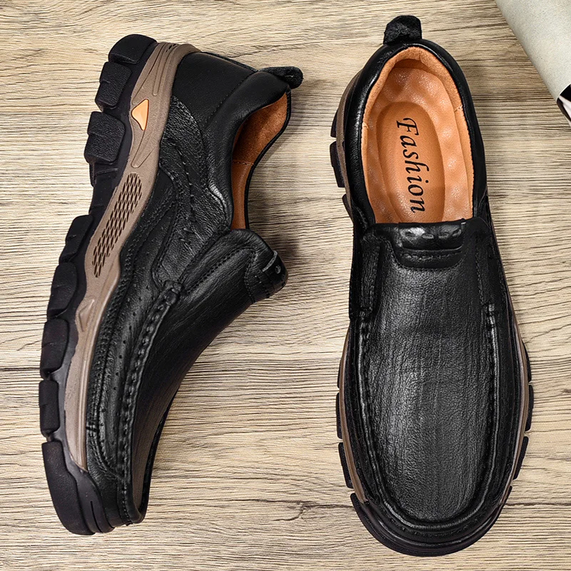 Leather Shoes WAERTA Genuine Leather Handmade Shoes Men Loafers Slip On Business Casual Shoes Classic Soft Leather Breathable Men Flat