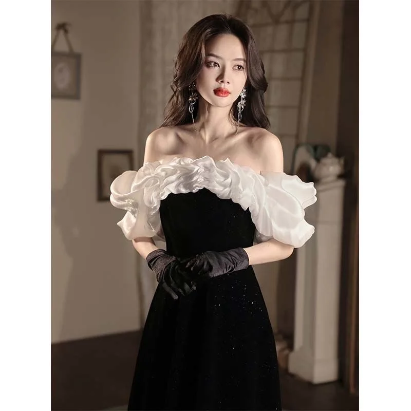 パーティードレス Puff-Shoulders Velvet Gown Maylee Rosette-Shoulder Velvet Gown | Tadashi Shoji