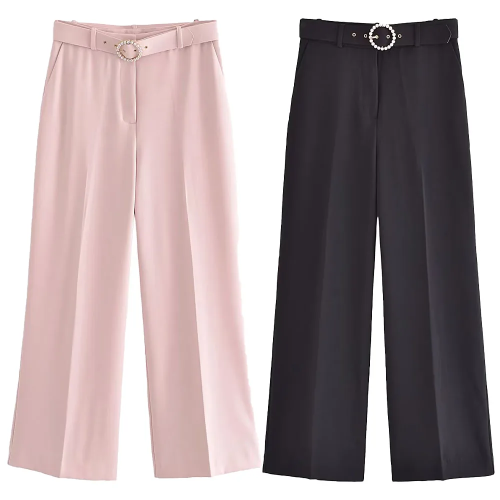 

Early autumn new fashion women's clothing temperament sweet all-match high waist faux pearl buckle belt wide-leg pants