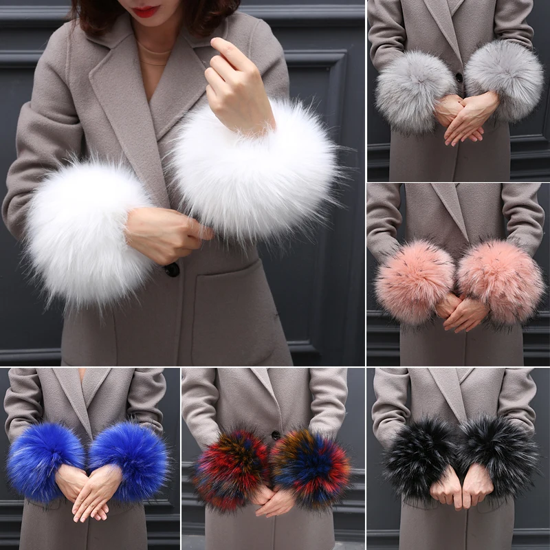 High Quality Winter Women Fur Cuffs Faux Raccoon Fox Elastic Fur Wrist Decor Detachable Arm Warmer Plush Oversleeve Fur Bracelet