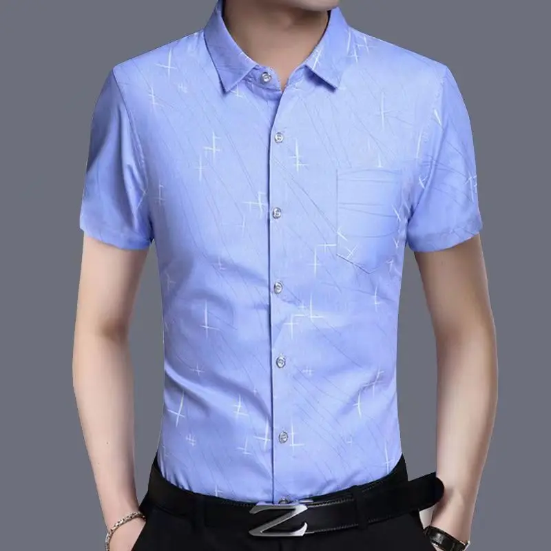 Men's Business Plaid Printing Shirt Tops Summer New Polo Neck Short Sleeve Thin Plus Size Blouse Fashion Casual Men Clothing