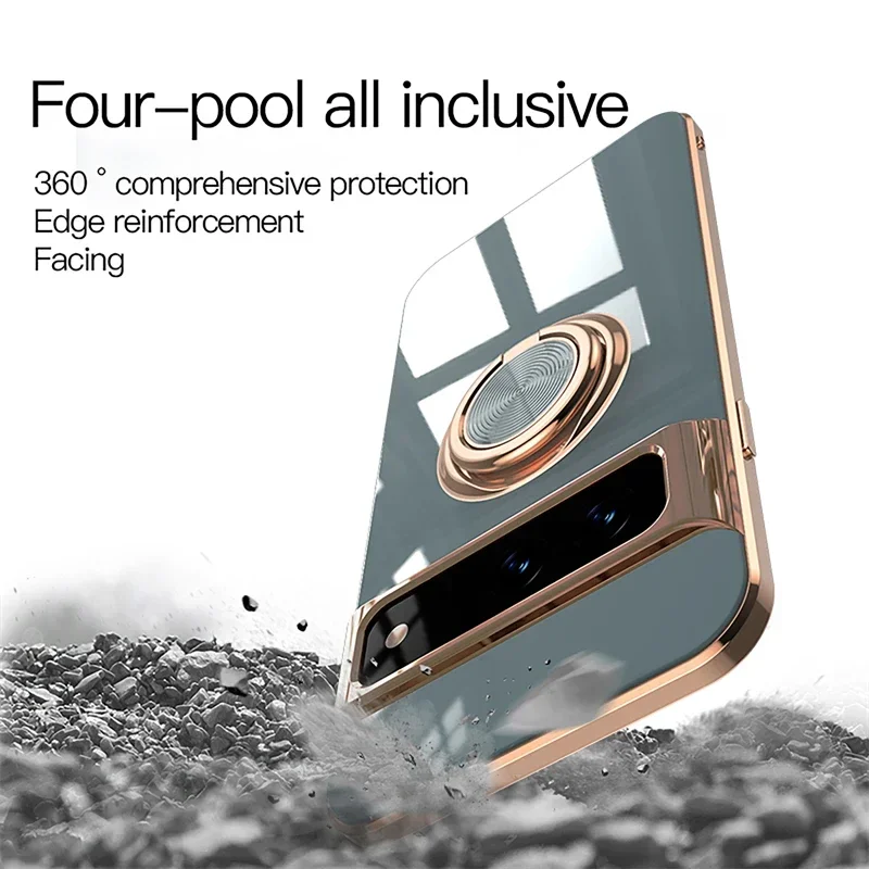 Luxury Plating Silicone Shockproof Phone Case with Metal Ring Magnetic Holder Stand