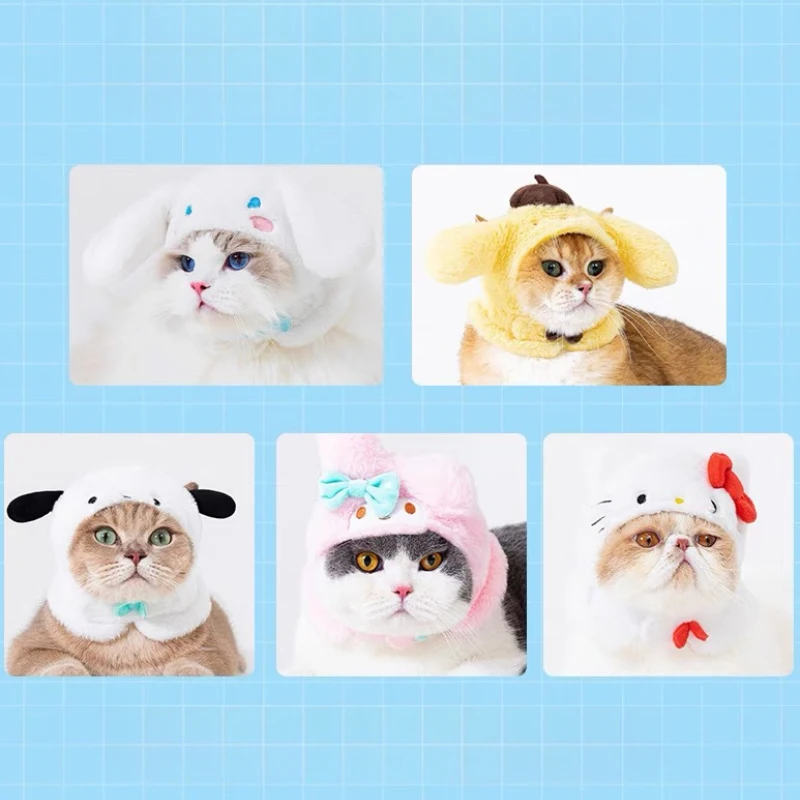

Kawaii Hello Kittys Cinnamorolls Melodys Cute Cartoon Pet Headsets Plush Doll Hat Cat Headwear Multiple Styles Warm Holiday Gift