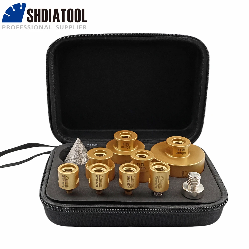 SHDIATOOL 10pcs 6/6/8/25/35/50/68mm Diamond Drill Bits+10mm Milling Bits+50mm Diamond Chamfer+Hex Adapter M14 Drilling Granite