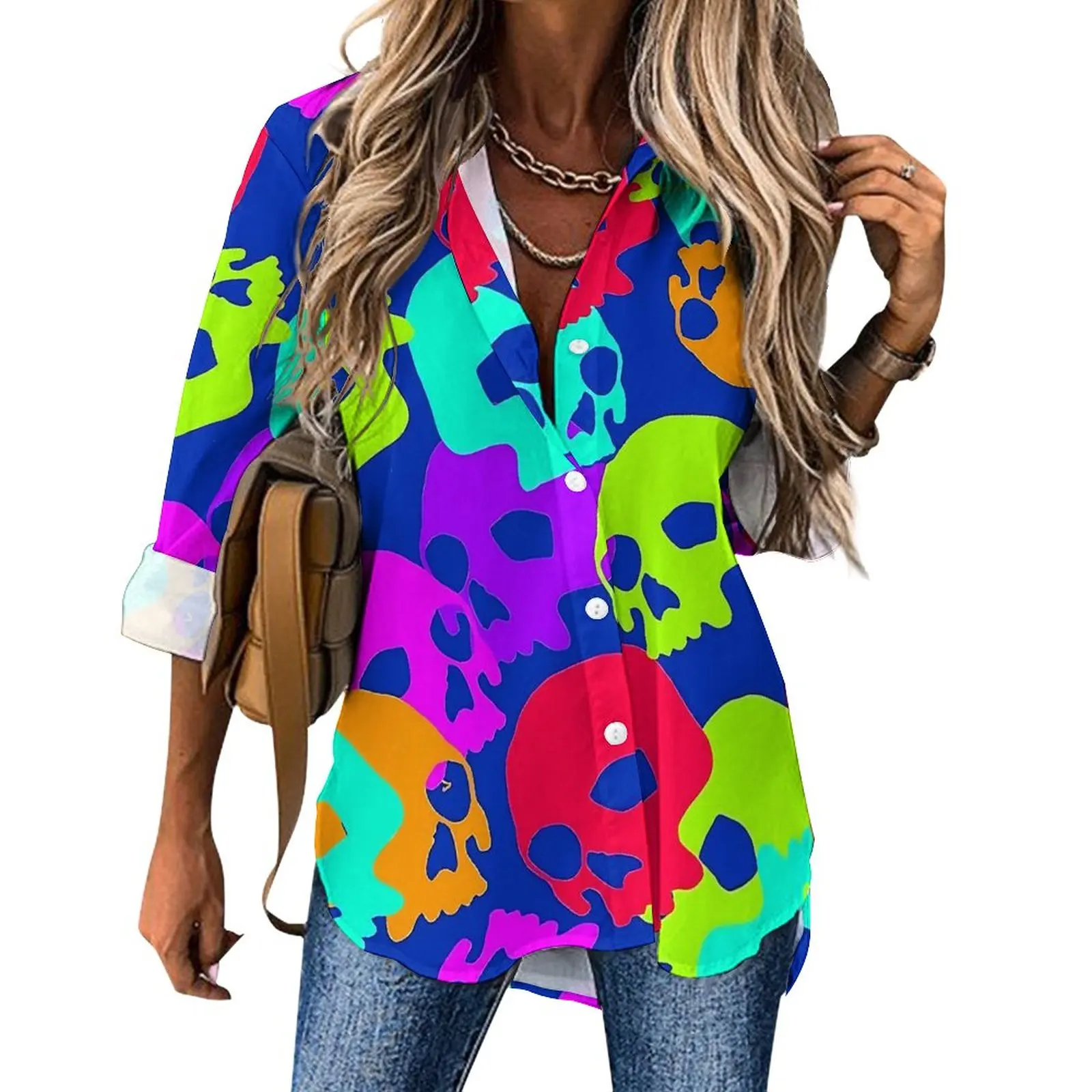 

Блузка женская оверсайз с длинным рукавом и принтом черепа