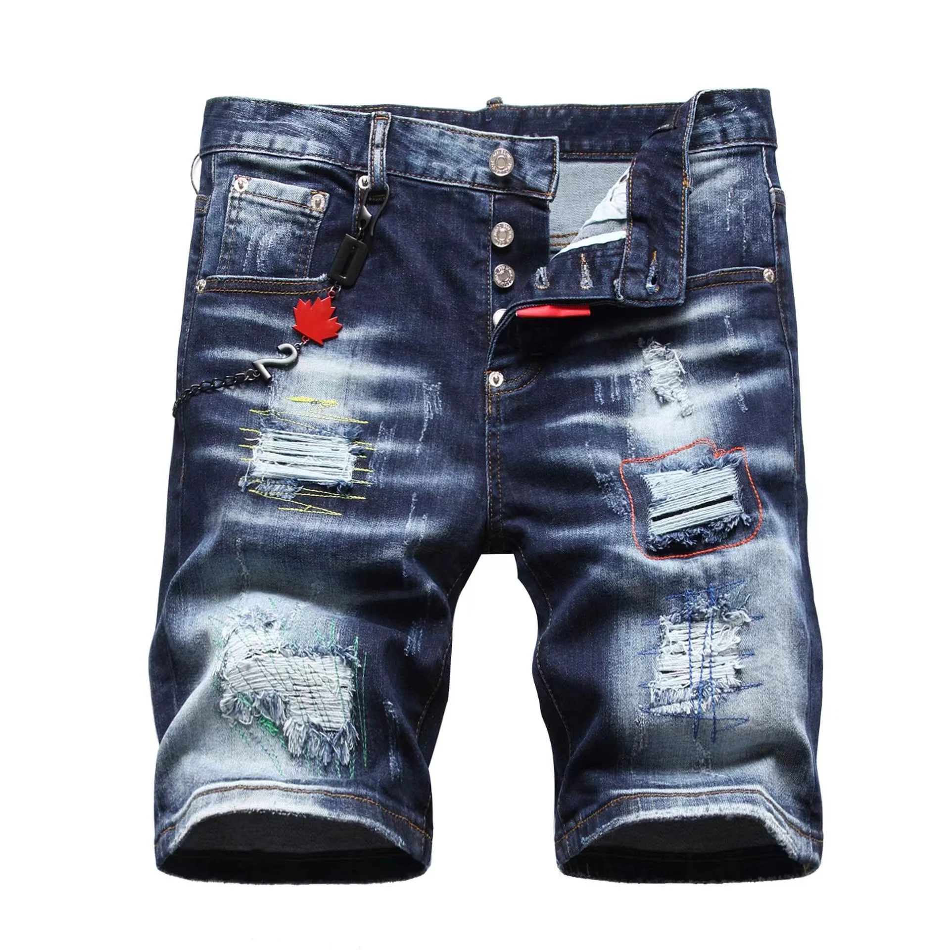 Perforated Metal Pendant Denim Shorts Men Scratched Patch Plaid Pants Cotton Red Ears Breathable Soft Elastic Fashion Summer2024