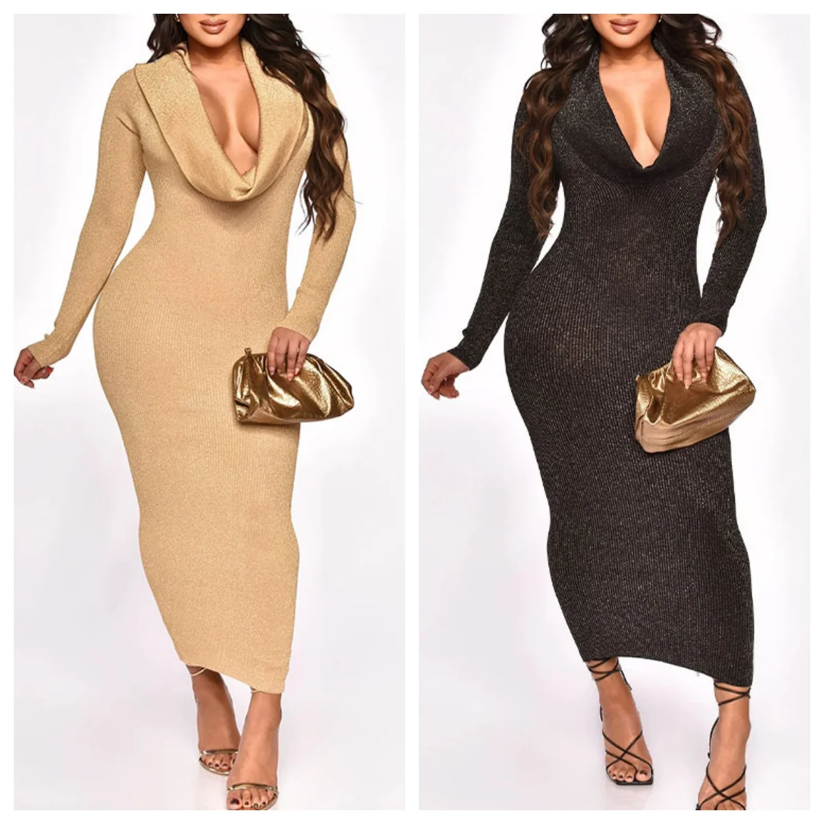 

Women's Sexy Dress Long Sleeved Large Lapel Deep V-neck Solid Color Fashion Female Longuette