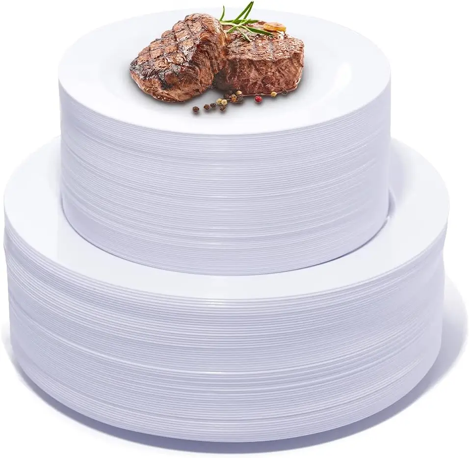 120Pcs White Glossy Plastic Plates: 60 Dinner (10.25in), 60 Dessert/Salad (7.5in), Heavy Duty, Disposable