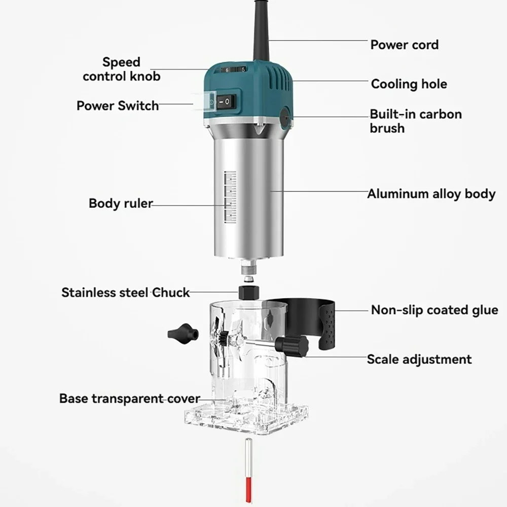 6-Speed Regulation Electric Trimmer Router Woodworking Tools Milling Machine for Wood Carpentry Arc Straight Trimming Slotting
