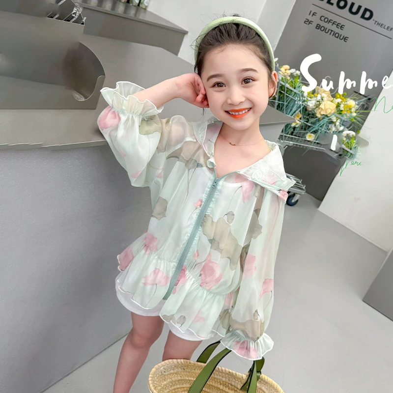 

Girls' Floral Sunscreen Clothes 2024 Summer New Baby Girls Thin Hooded Coat Sweet Ruffle Edge Flower UV Protection Tops