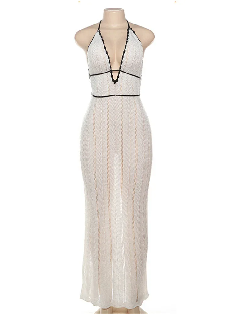Knit V-Neck Backless Maxi Dress Women's Slim Lace-Up Fashion Contrast Patchwork Bandage Knitwear Dress Female Long Dress