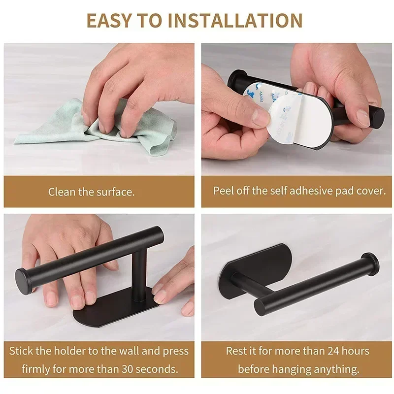 Stainless Steel No Drilling Self-adhesive Towel Bar Paper Holder Robe Hook Towel Rack Bathroom Hardware Set