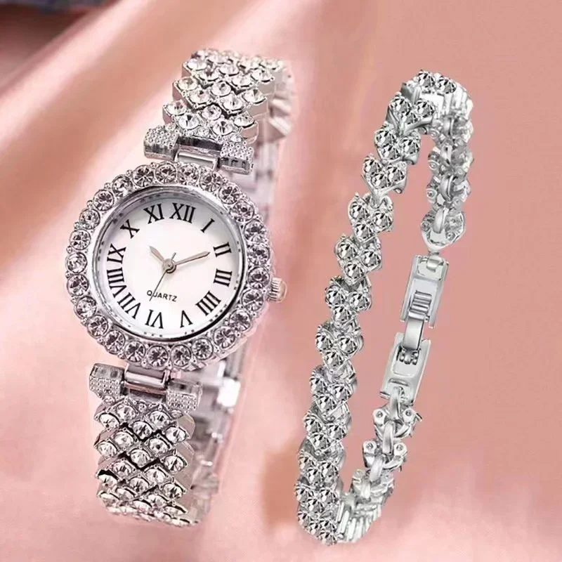 Women Watches 2/6pc Set Rose Gold Luxury Watch Women Ring Necklace Earring Rhinestone Fashion Wristwatch Casual Ladies Bracelet Watches