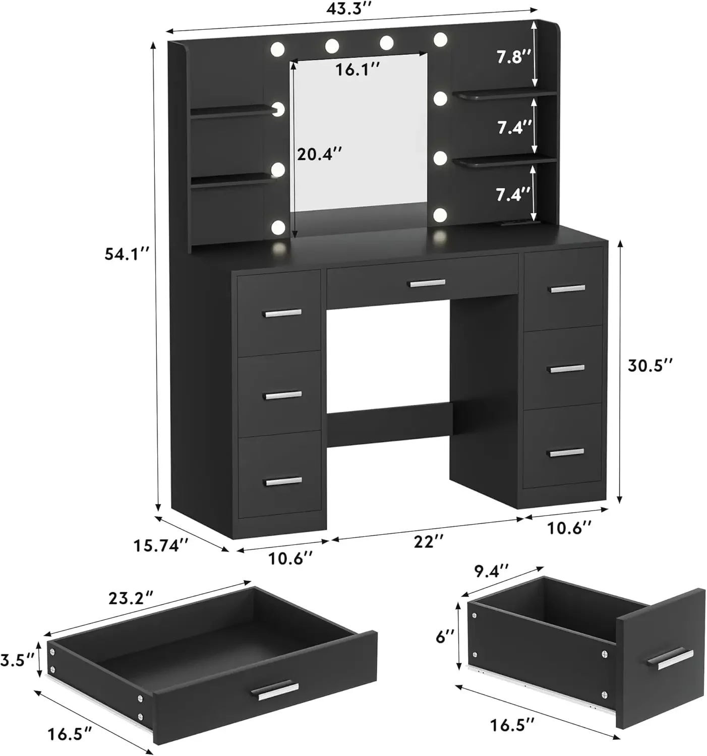 Vanity Desk with LED Lighted Mirror&Power Outlet, 3 Model Lights Makeup Vanity Table with 7 Drawers and 6 Storage Shelves 6