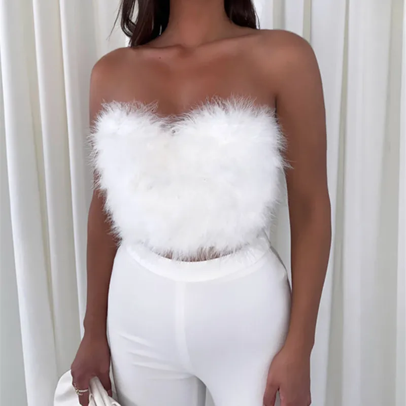 

Womens Faux Fur Trim Rave Bandeau Crop Tops Off Shoulder Patchwork Back Zipper Feather Cami Vest Tank Tops Streetwear