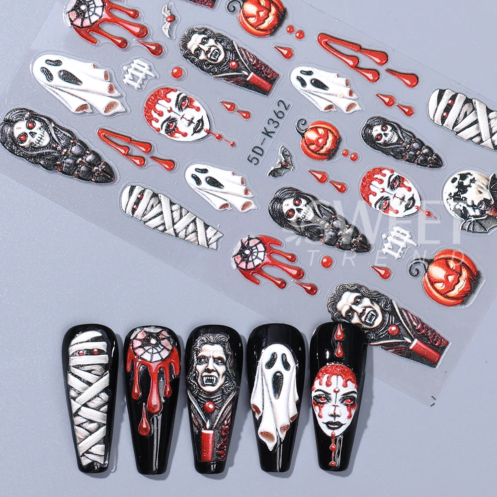 5D Halloween Nail Art Stickers Cartoon Bleeding Spider Pumpkin Design Nail Slider Decals for DIY Manicure Decoration Accessories