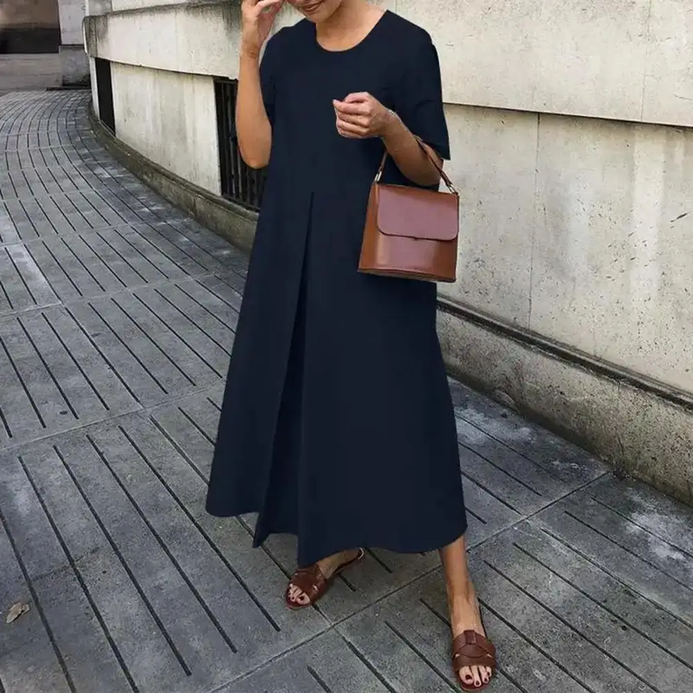 

Women Loose Fit Clothing Stylish A-line Midi Dress for Women O Neck Short Sleeves Solid Color Pullover Design Big Hem for Dating