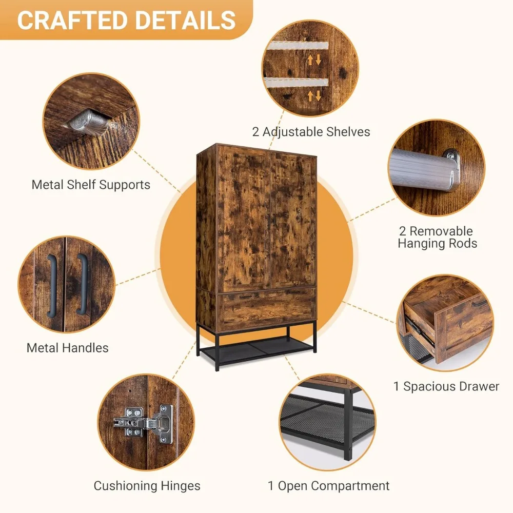Armoire, Wardrobe Closet with Hanging Rod, Bedroom 71" Freestanding Wardrobe Cabinet with Doors, Adjustable Shelves and Drawer 4