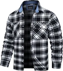TACVASEN Oversize Lightweight Men's Cotton Plaid Shirt Jacket with Pockets - CN M (US S) (Black)