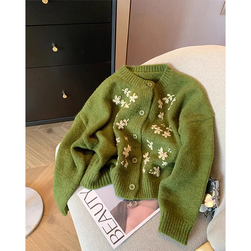 Women Vintage Hooded Jacquard Rose Warm Cardigan 2023 Winter New In Korean Fashion Sweater