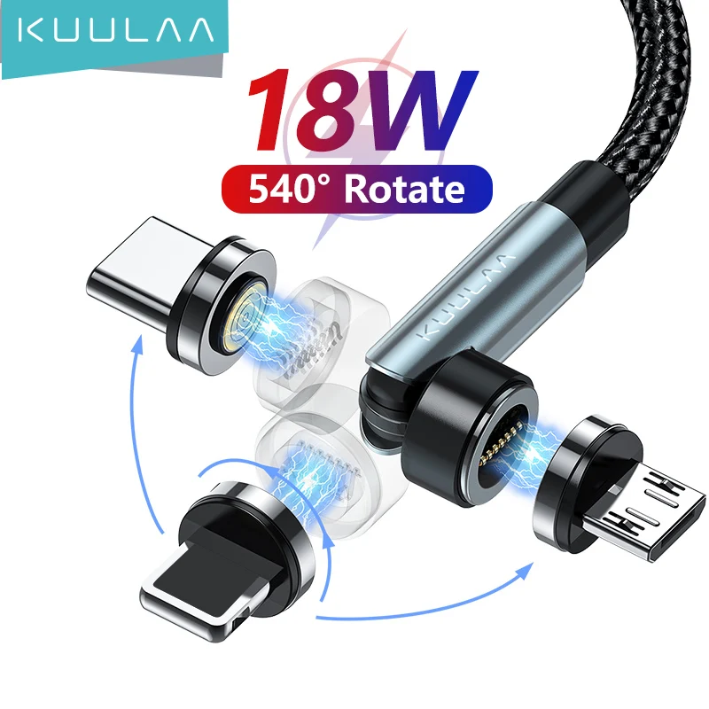 

KUULAA 3 in 1 Magnetic Cable 540° Rotate Fast Charging Magnet Charger Micro USB Type C Cable Mobile Phone Cord For iPhone Xiaomi