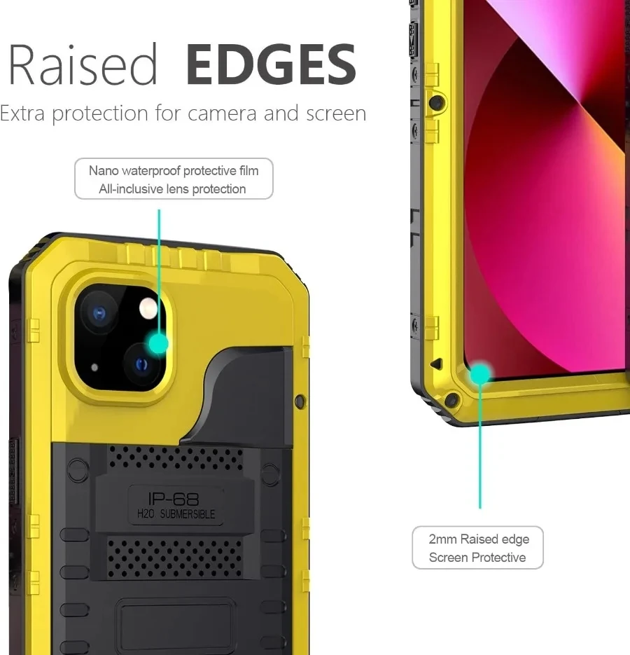 IP68 heavy-duty durable aluminum metal case for iPhone 15 14 13 12 11 Pro Max XS XR 8 Waterproof case Shockproof screen cover