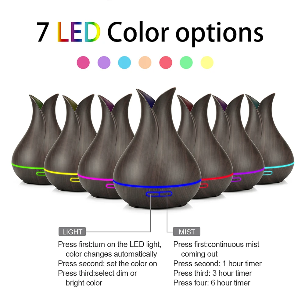 Electric Air Humidifier Remote Control Diffuser Aroma Humidifier Oil Diffuser Ultrasonic Wood Grain Mist Maker 7Color LED Light 5