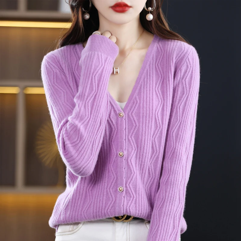 

100% wool V-neck cardigan women's autumn and winter new long-sleeved sweater Korean leisure wool sweater coat