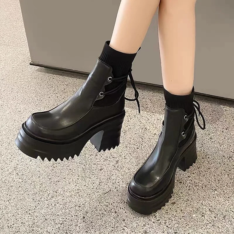 2023 New Lace Up Super Thick High Heels Dress Shoes Women Boots Genuine Leather Platform Ankle Boots Women's boots 35-39