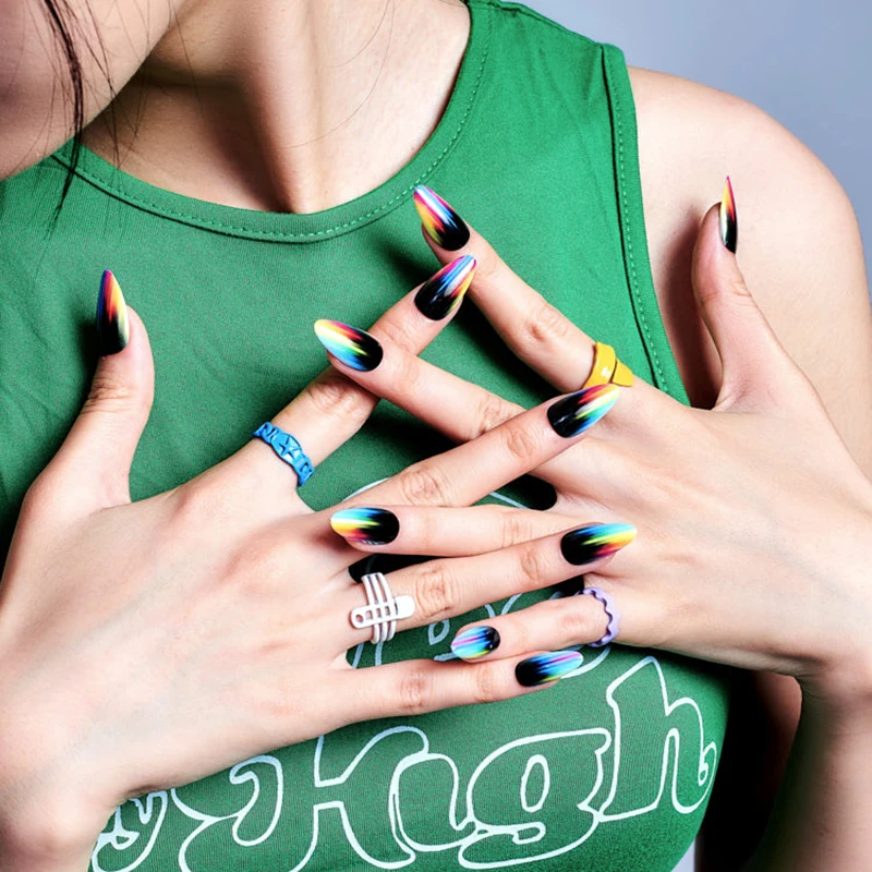

24pcs Y2k Halloween Fingernails Almond Artificial Fake Nails With Tools Full Cover Nail Tips Press On Nails For Party