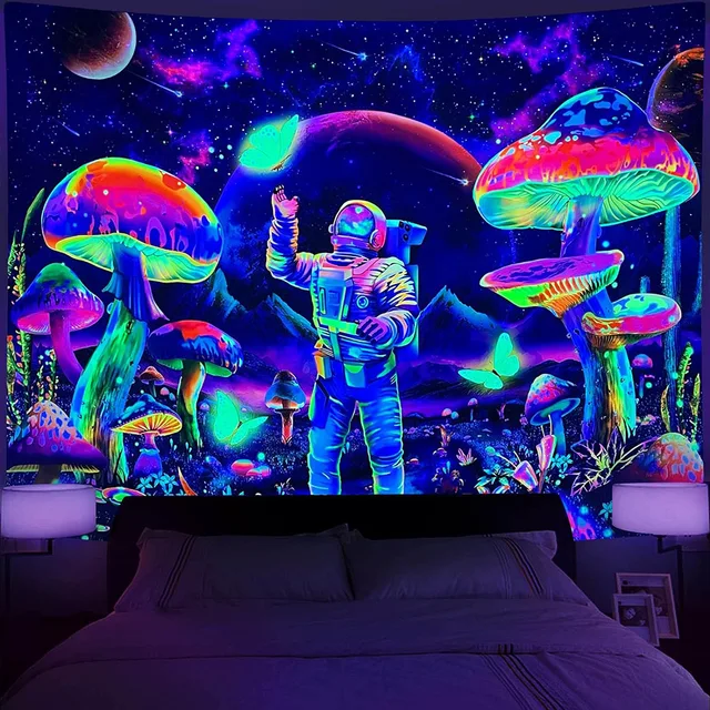 Tapisserie extraterrestre réactive UV à lumière noire, Hippie, hip hop, fluorescente, psychédélique, tenture murale d'astronaute, pour décoration de chambre à coucher 6