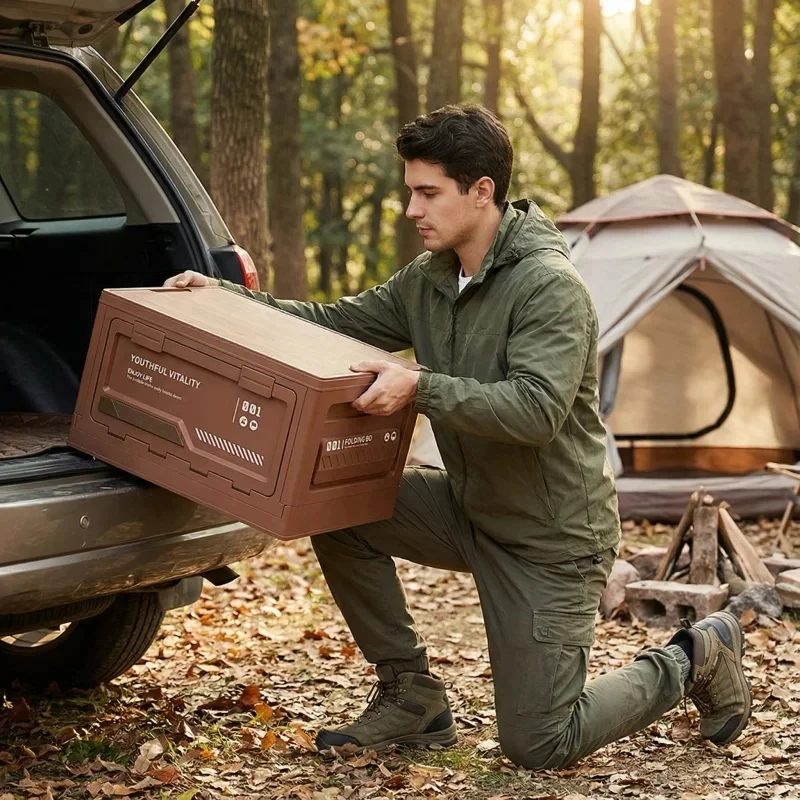 Folding Storage Box with Wooden Lid Car Trunk Organizer Multifunctional Box for Outdoor Camping Home Daily Storage - 5