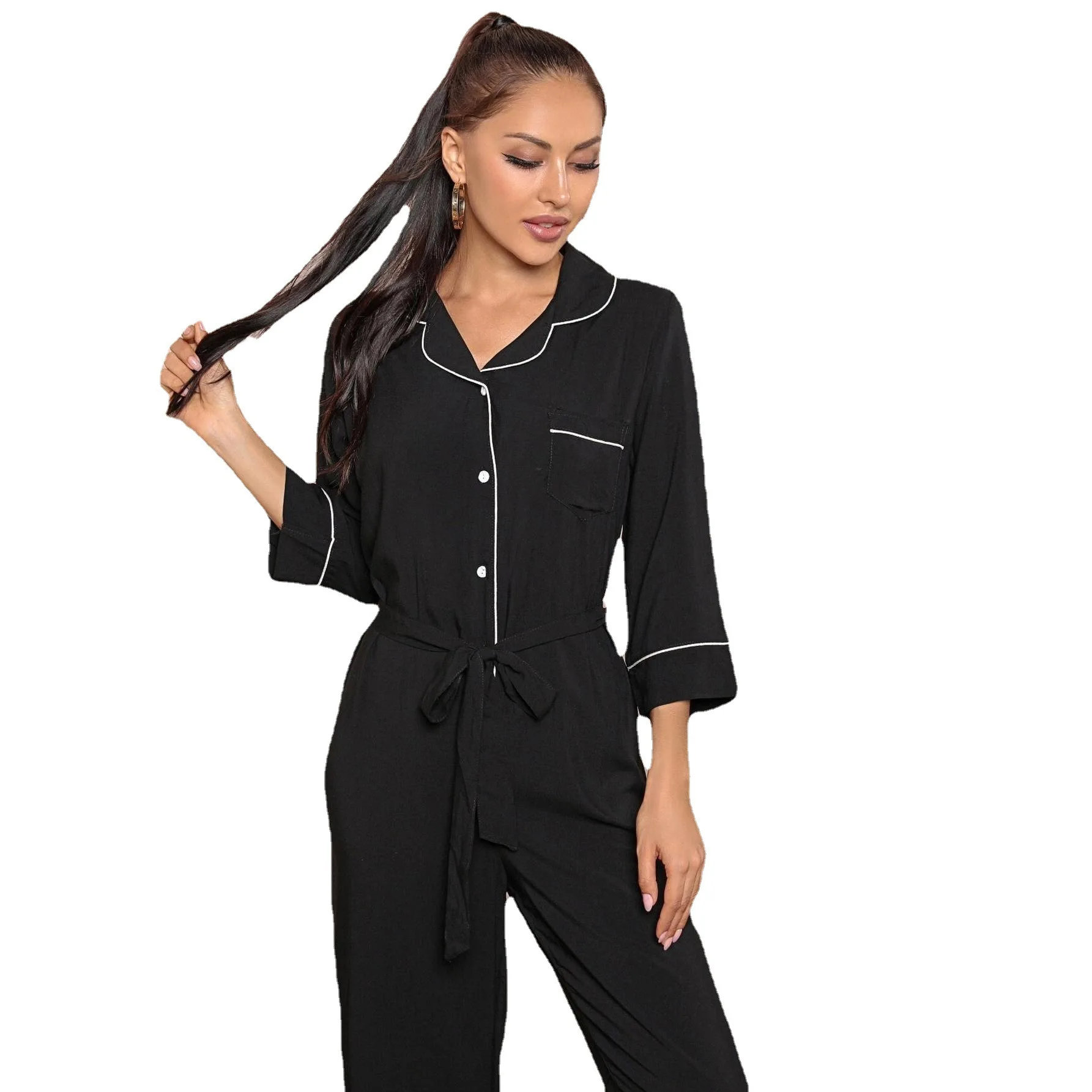 Pipe	Pajama Sets Black Piping Women Mujer Conjuntos Pijamas Conjunto Pyjama Pijama Femme Ensembles Feminino Sleepwear Pyjamas