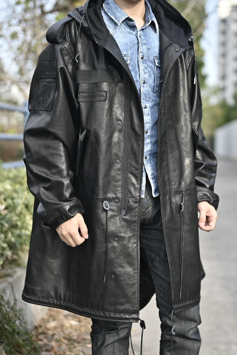 ジャケット・アウター RYKIEL HOMME - REAL LEATHER LONG COAT Retro Trench Coat Men Real Leather Long Jacket Full Length
