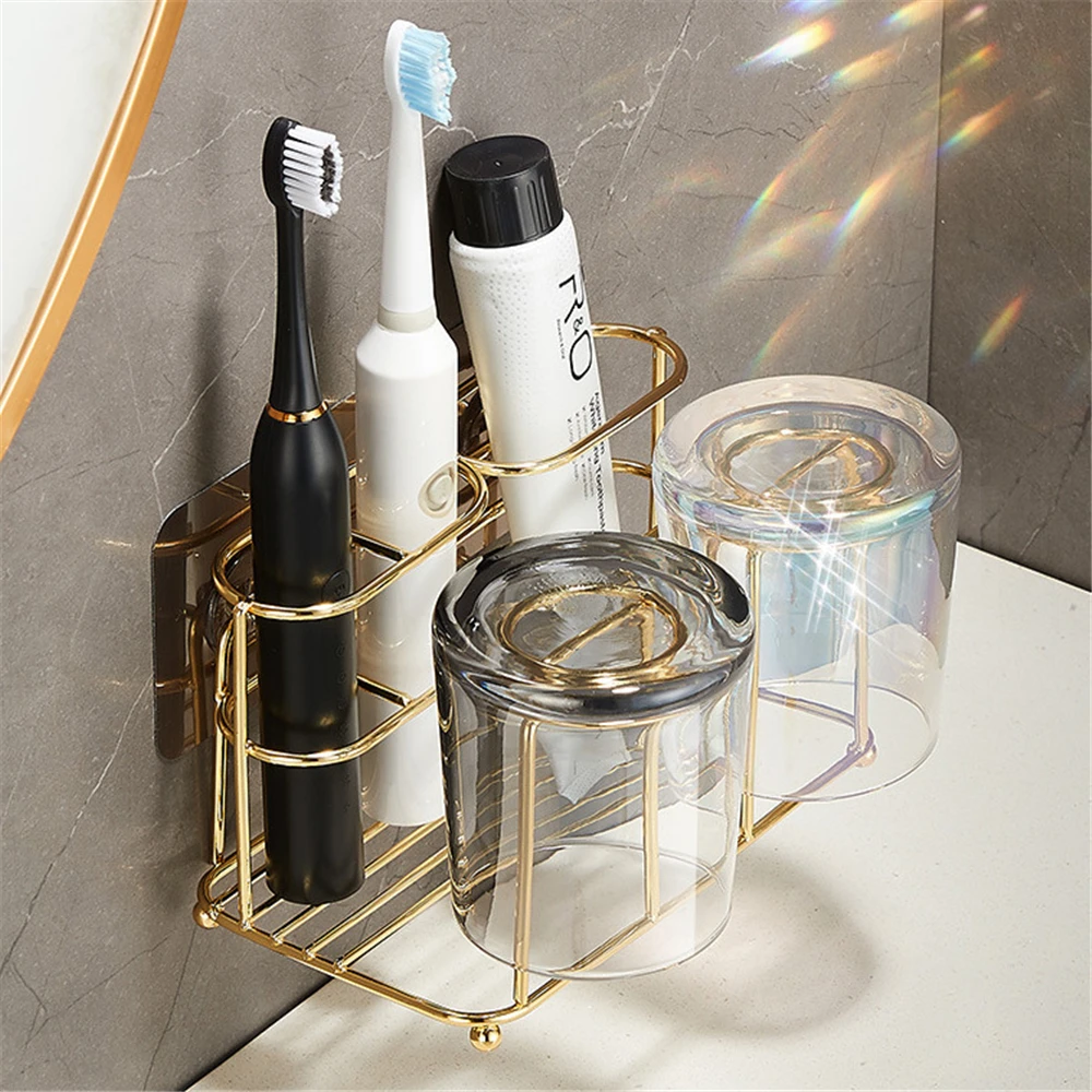 

Light Luxury Toothbrush Cup Holder Self-adhesive Bathroom Storage Rack Toothbrush Toothpaste Wash Cup Holder Golden Wall Hanging
