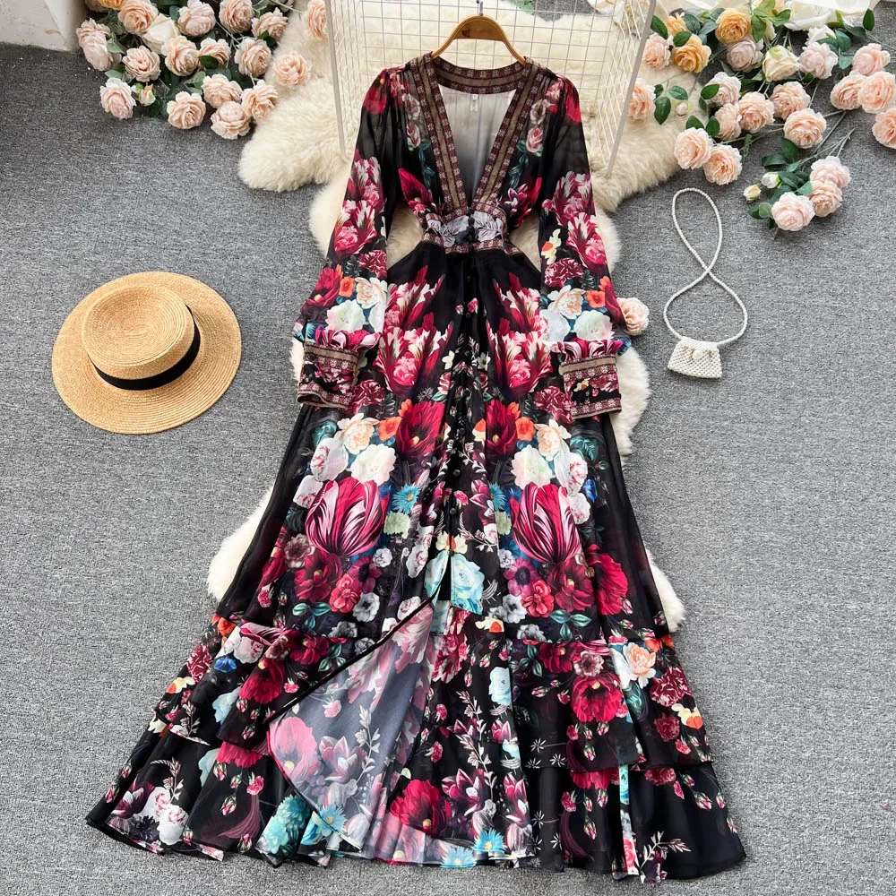 

2024Women Deep V-Neck Bohemian Style Dress Spring Summer Runway Long Sleeve Casual Floral Print Ruffles Sweet Cascading Vestidos