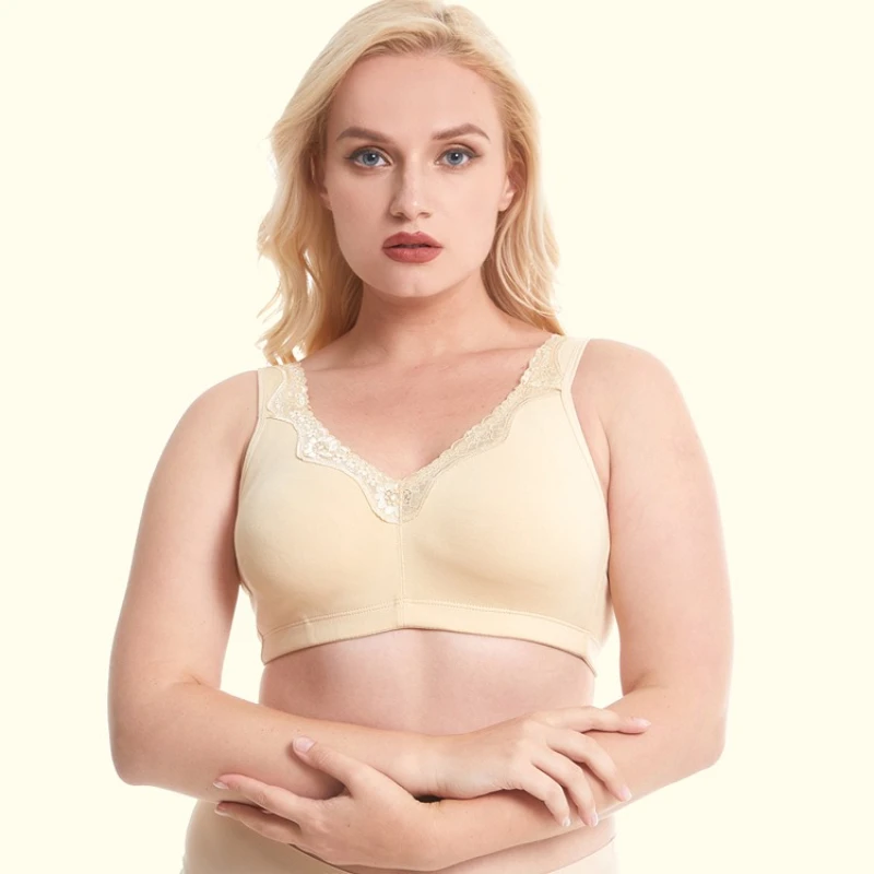 Plus Size Cotton Bralette – Full Coverage Wire-Free Lace Bra Without Padding
