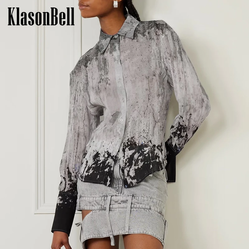 

3.12 KlasonBell 2024 New Fashion ink Print Stretch Collect Waist All-matched Blouse Women Single Breasted Long Sleeve Shirt