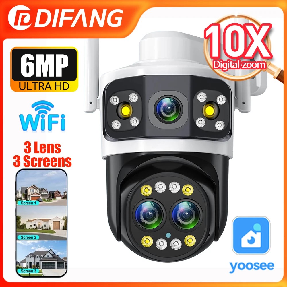 Yoosee 10배 광학 줌 야외 WIFI 보안 카메라 3렌즈 3화면 AI 인체 추적 PTZ IP 카메라 시청각 알람 CCTV